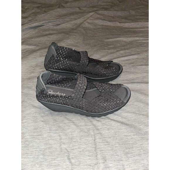 Skechers Gray Woven Stretch Knit Open Toe Comfort Casual Wedge Sandals Size 9.5 - Picture 2 of 8